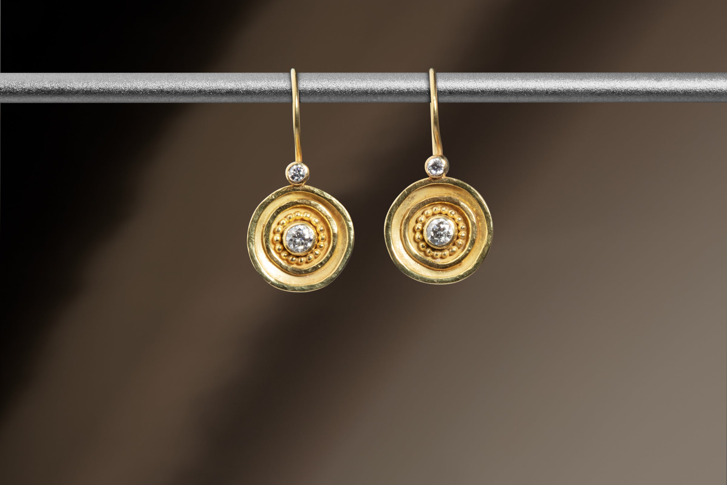 14K yellow gold earrings with diamonds and gold granules