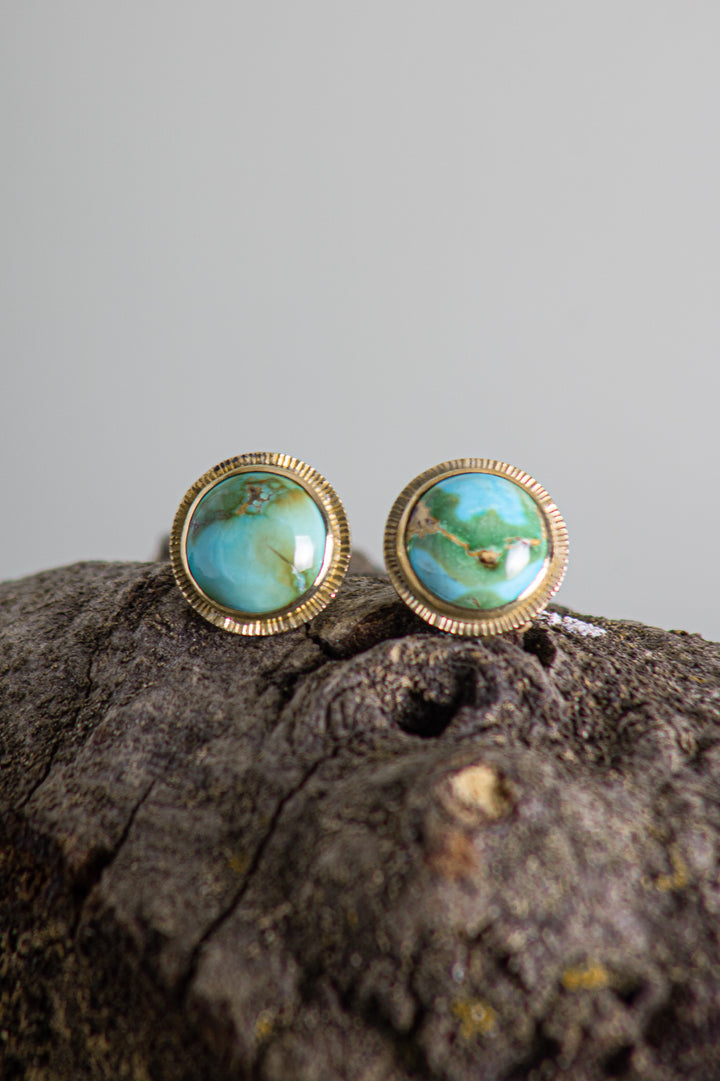 Blue-Green Turquoise Stud Earrings with Etched Border (B698)