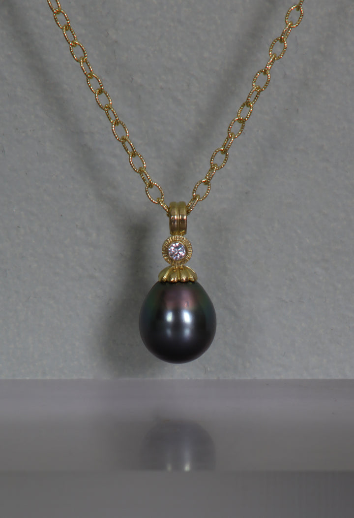 Lotus Cap Tahitian Pearl and Diamond Pendant (B356)