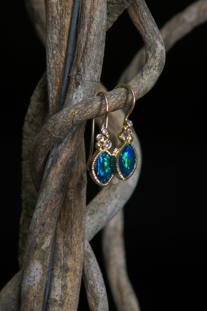 Navette Opal and Diamond Cluster Earrings (B366)