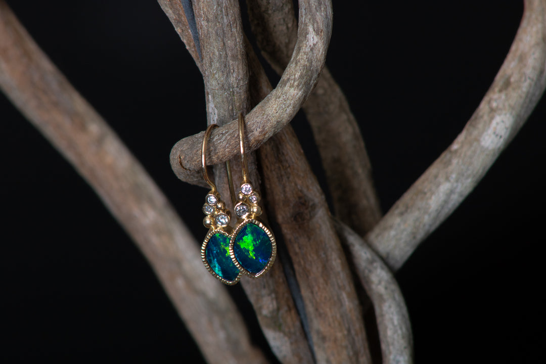 Navette Opal and Diamond Cluster Earrings (B366)