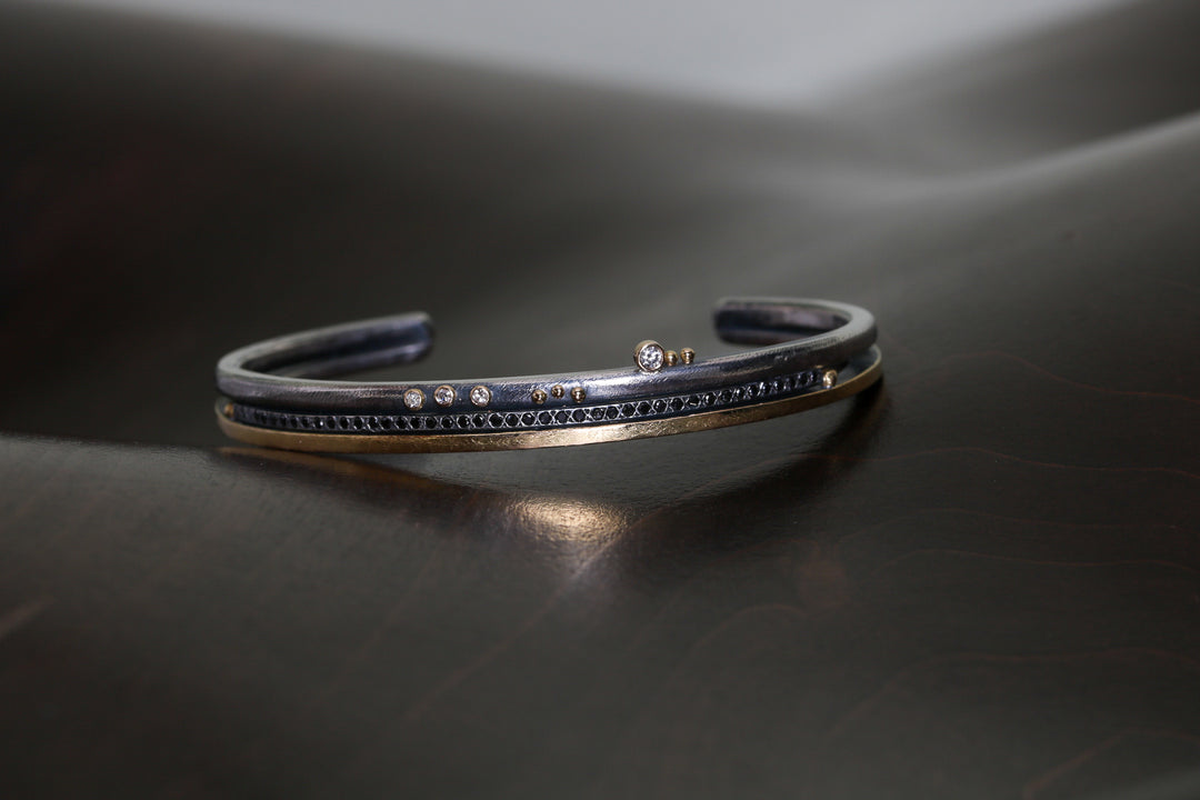 Mixed Metal Bracelet with Black and White Diamonds (B717)