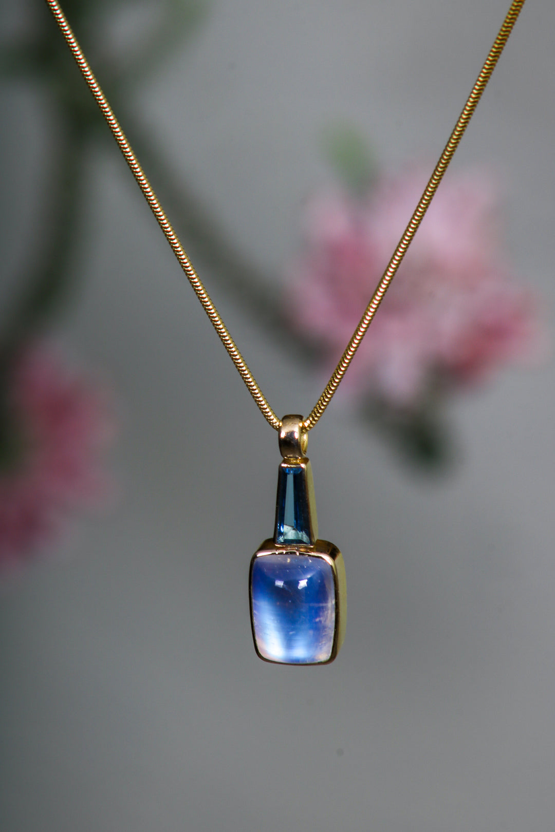 Cushion Cabochon Moonstone and Aquamarine Pendant (B215)