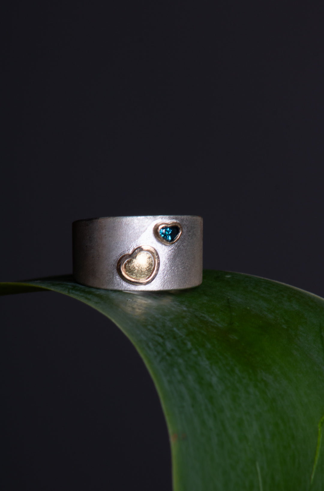 Blue Diamond Double Heart Thick Band Ring (B597)