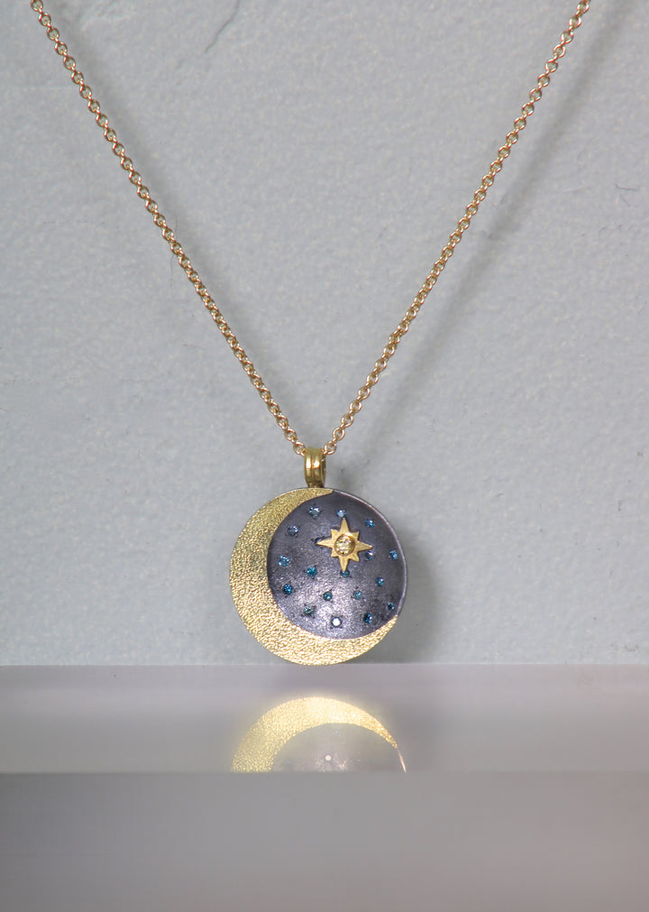 Blue Diamond Crescent Moon and Star Pendant (09900)