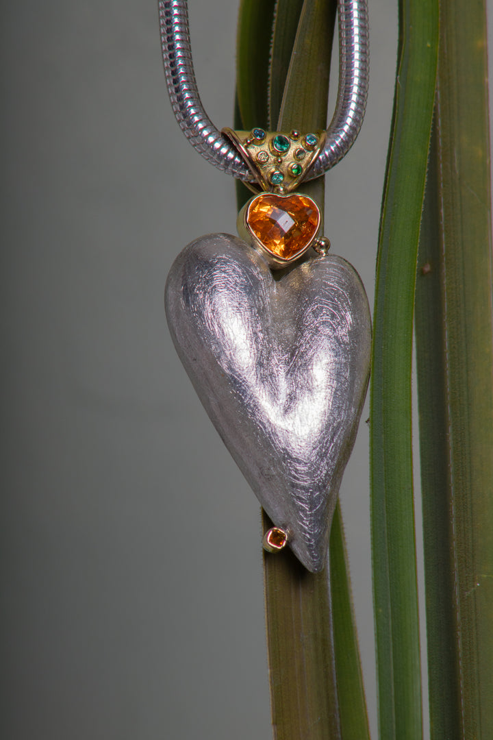 Mixed Metal Heart Pendant with Mixed Gemstones (B638)