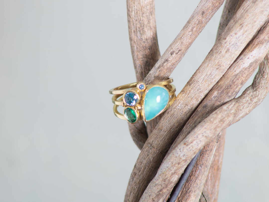 Peruvian Opal and Mixed Gemstone Triple Thin Band Ring (B574)