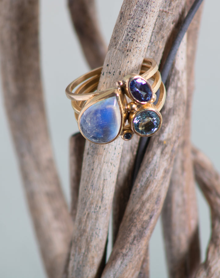 Moonstone and Mixed Gemstone Triple Thin Band Ring (B573)