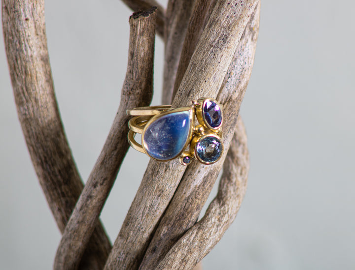 Moonstone and Mixed Gemstone Triple Thin Band Ring (B573)