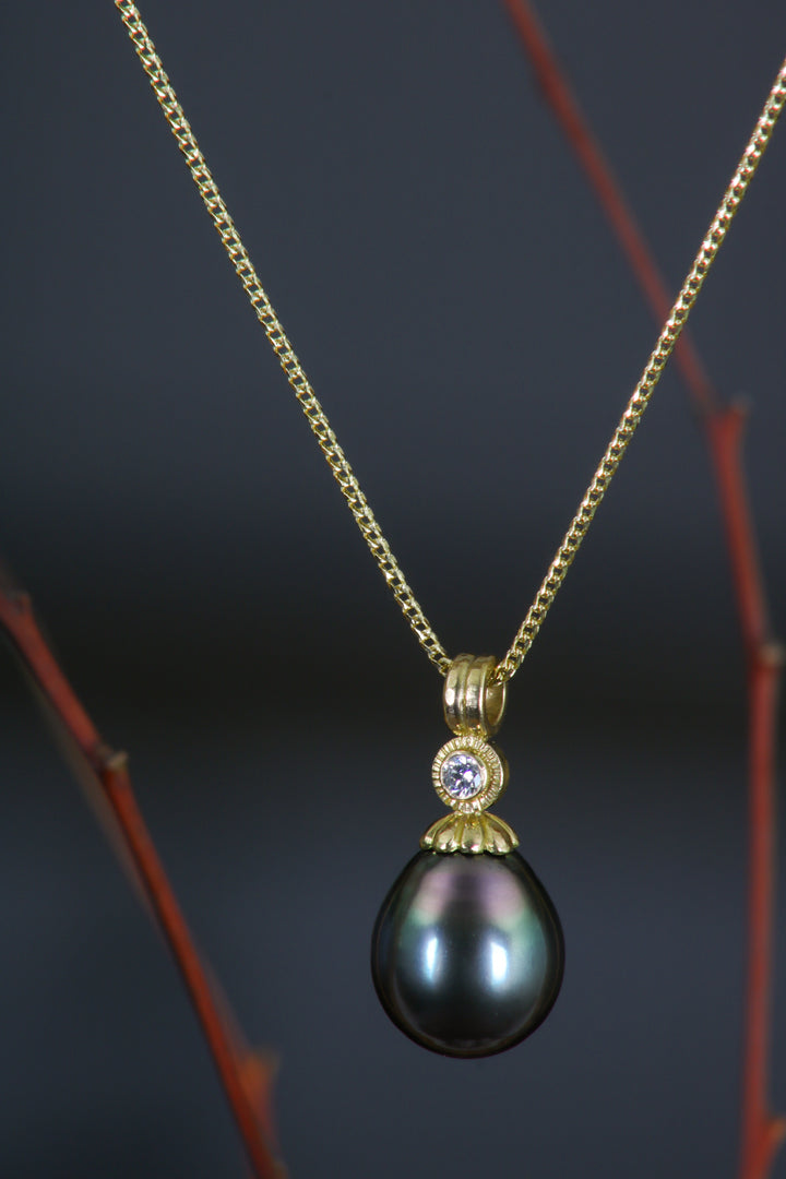 Lotus Cap Tahitian Pearl and Diamond Pendant (B356)