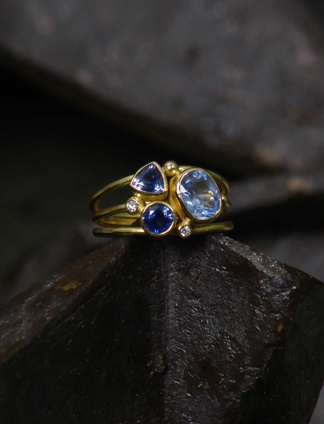 Mixed Sapphire, Multi-Band Gold Ring (B307)