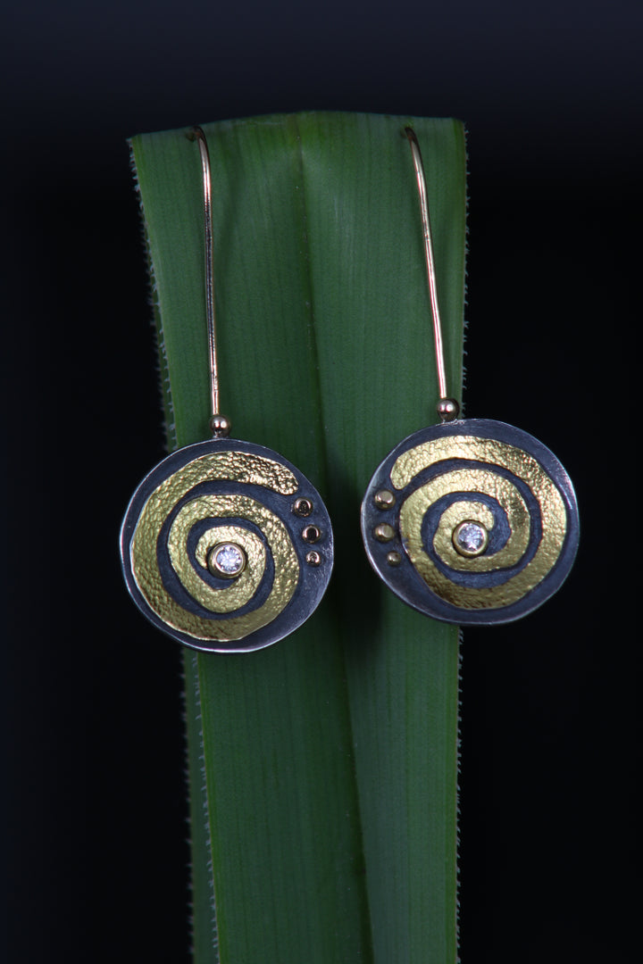 Mixed Metal Hanging Gold Swirl Earrings (B428)