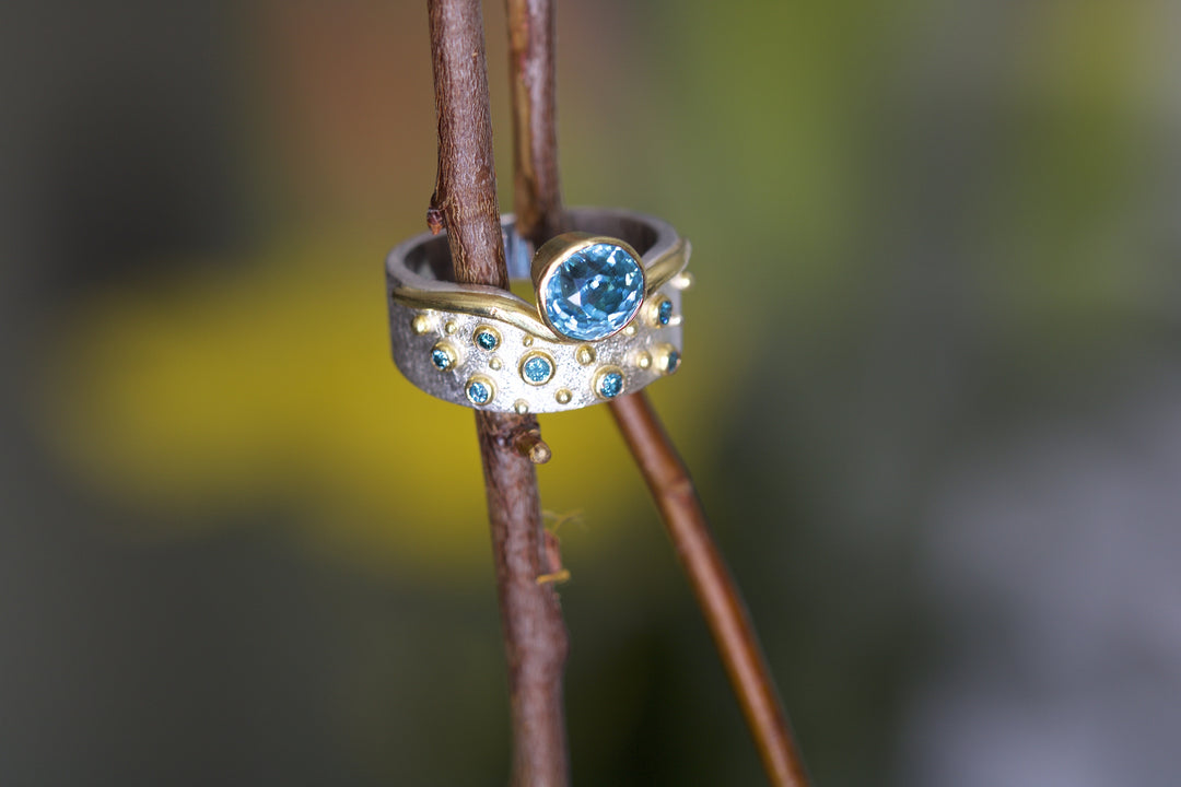 Blue Zircon and Diamond Ring 06194 - Ormachea Jewelry