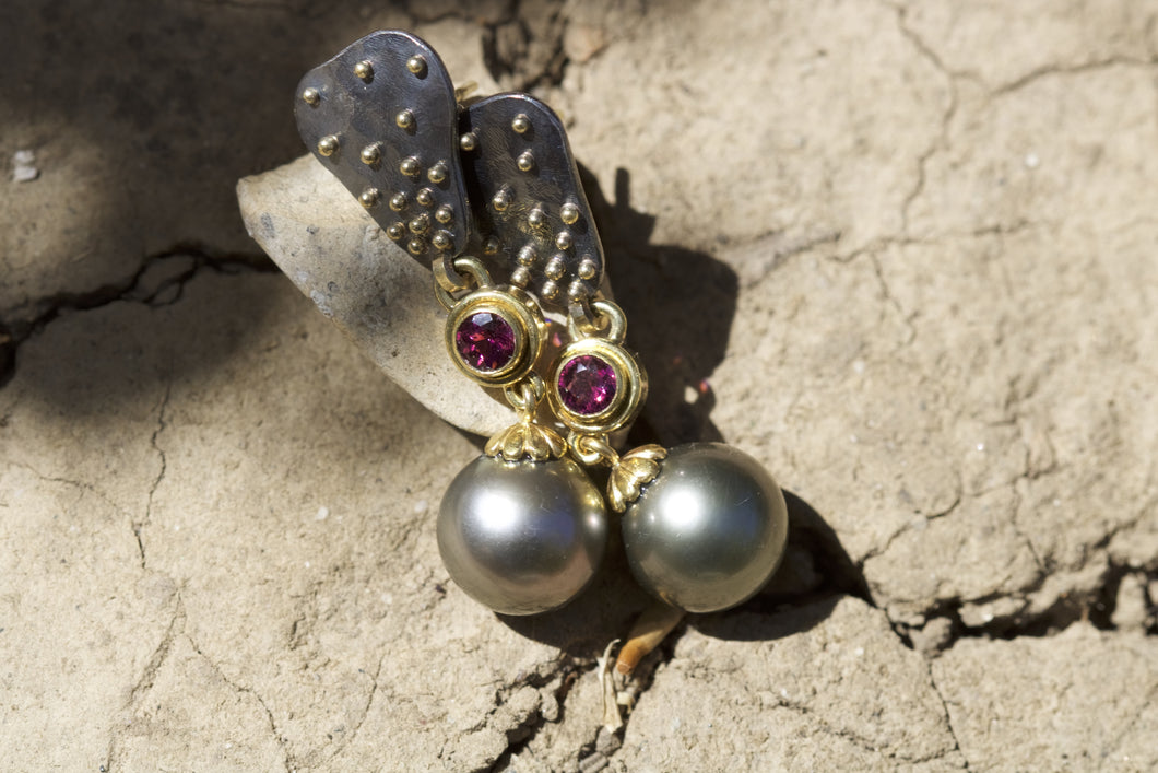 Garnet and Tahitian Pearl Earrings 0666 - Ormachea Jewelry