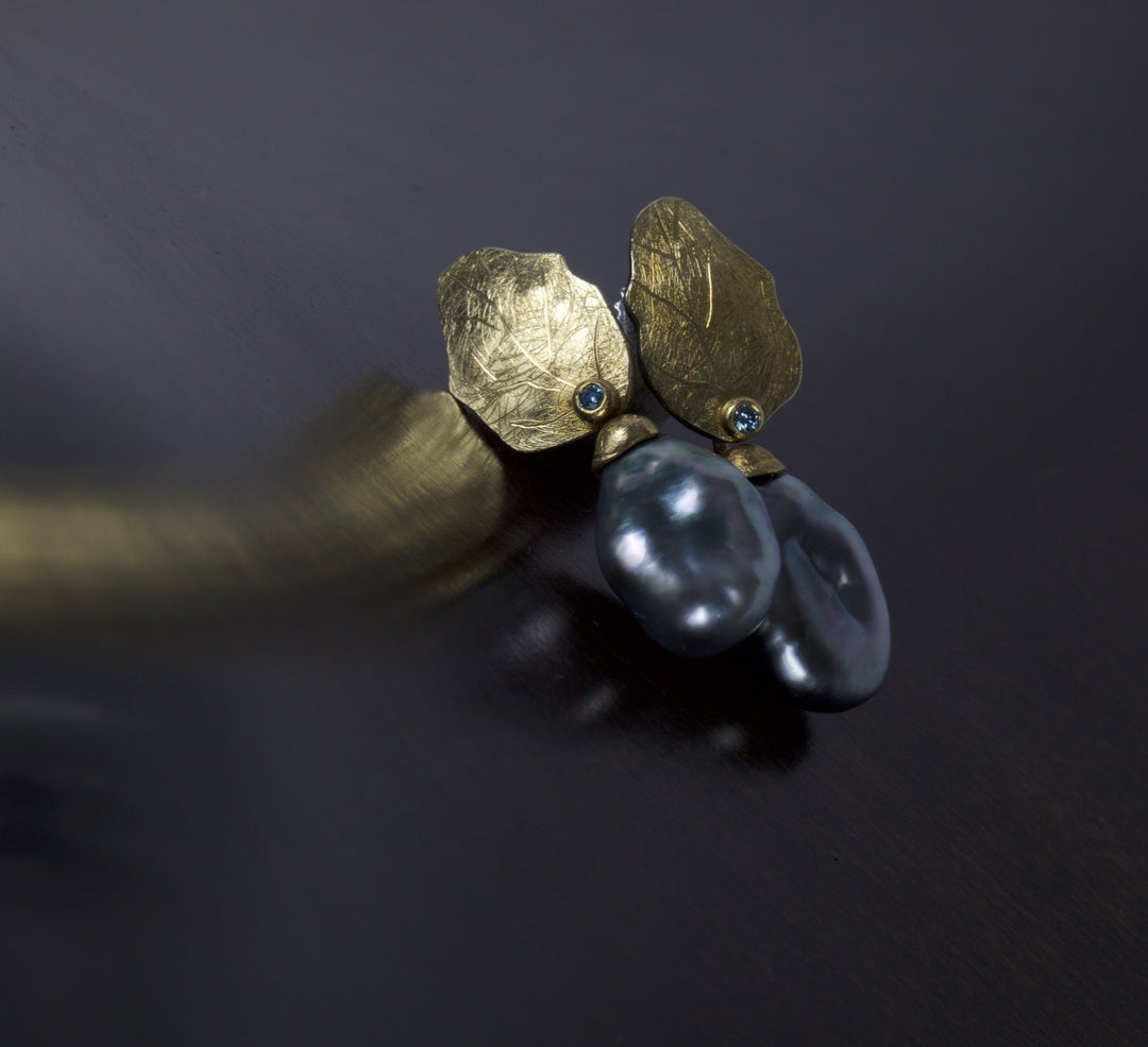 Gold Leaf Pearl Earrings 05146 - Ormachea Jewelry