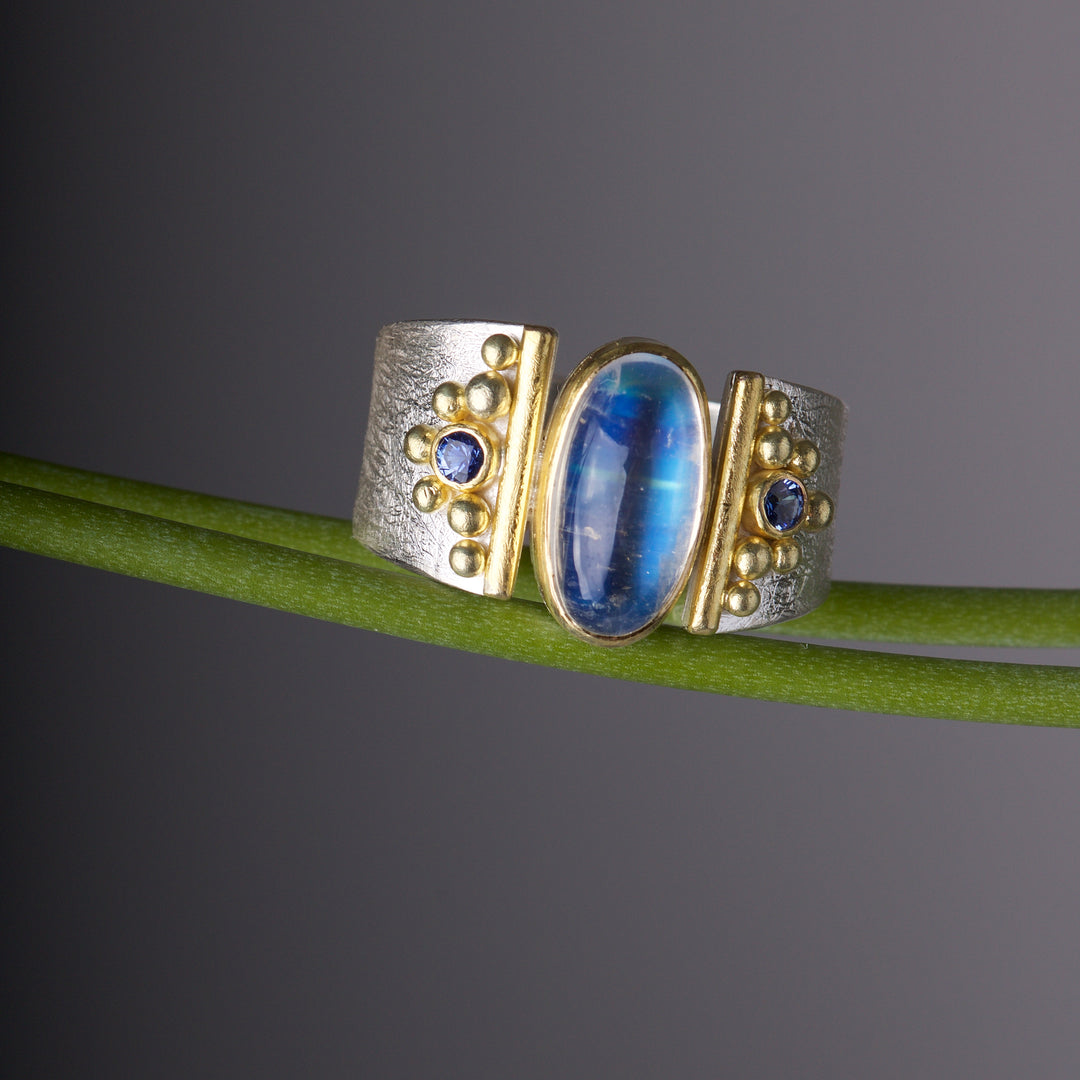 Moonstone and Sapphire Ring 05880 - Ormachea Jewelry