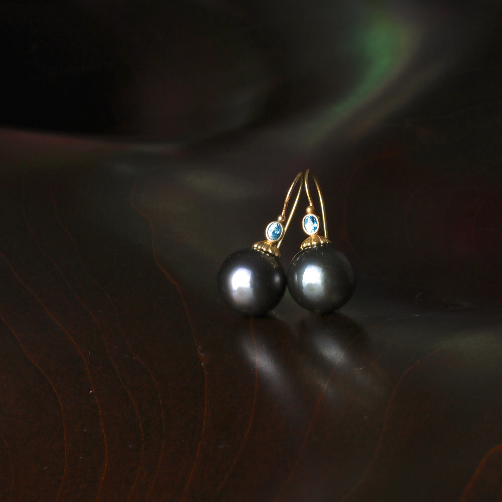 Tahitian Pearl and Blue Zircon Earrings 07096 - Ormachea Jewelry