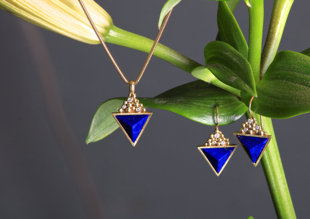 Lapis Pyramid with Diamonds Earrings 07627 - Ormachea Jewelry