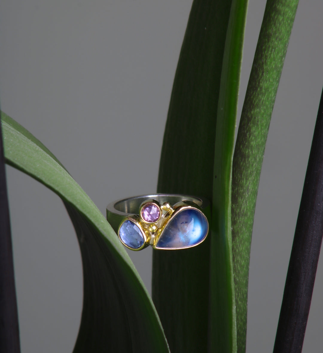Moonstone and Sapphire Ring (08521) - Ormachea Jewelry