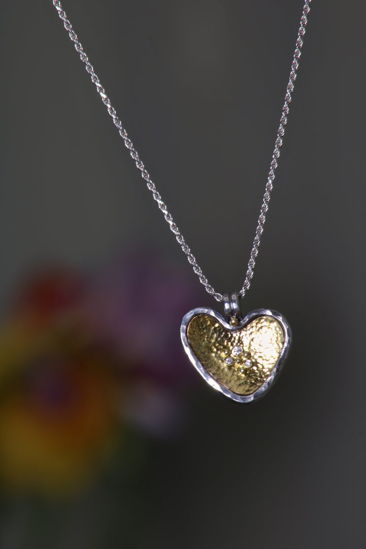 Mixed Metal Heart and Diamond Cluster Pendant (09097)