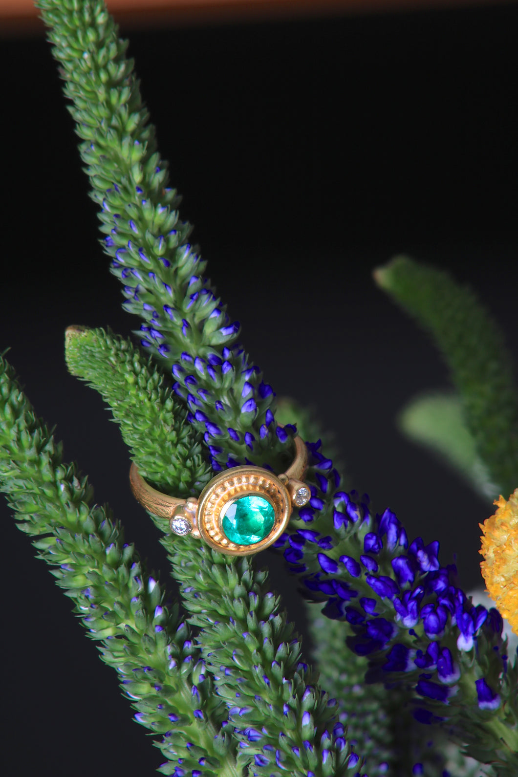 Emerald and Gold Granule Ring (07838) - Ormachea Jewelry