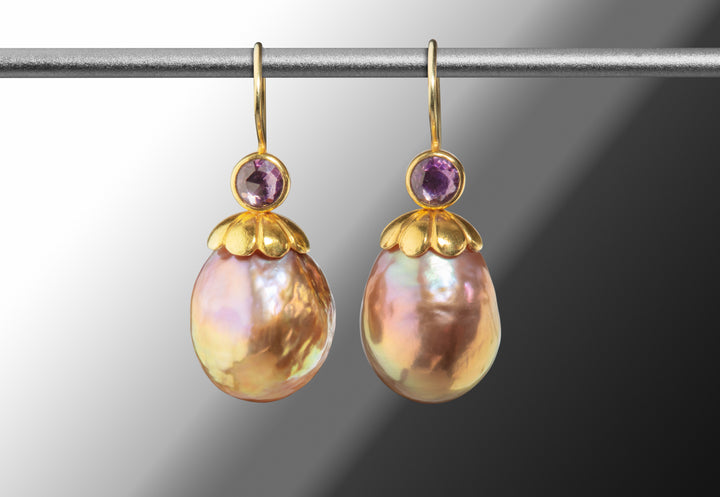 Purple Sapphire and Pearl Earrings (08041) - Ormachea Jewelry