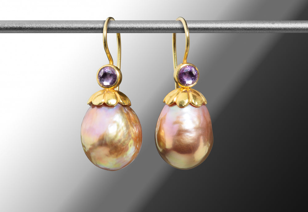 Purple Sapphire and Pearl Earrings (08041) - Ormachea Jewelry
