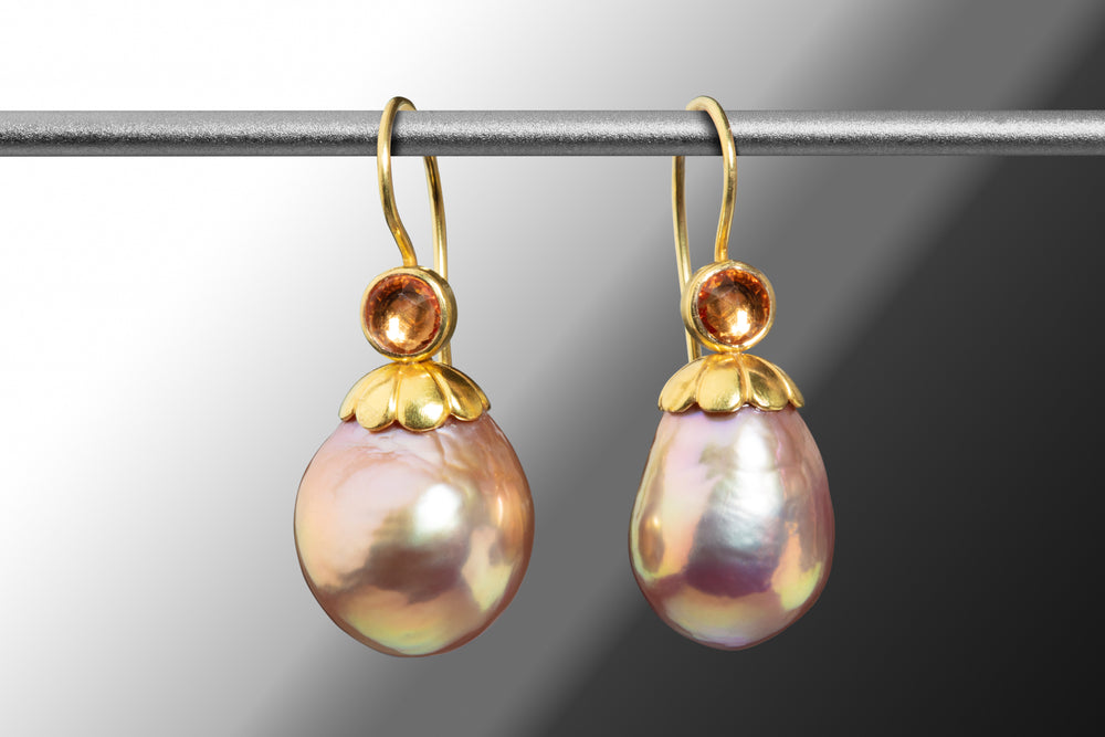 Burnt Orange Sapphire and Pearl Earrings (08040) - Ormachea Jewelry