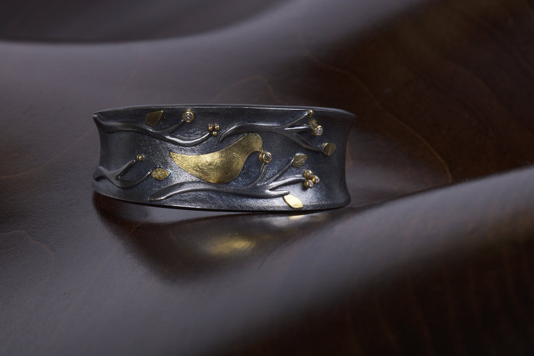 Silver and Gold Bird Cuff Bracelet 04950 - Ormachea Jewelry