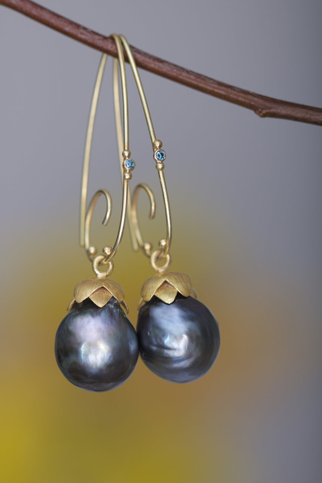 Tahitian Pearl and Blue Diamond Earrings 06191 - Ormachea Jewelry