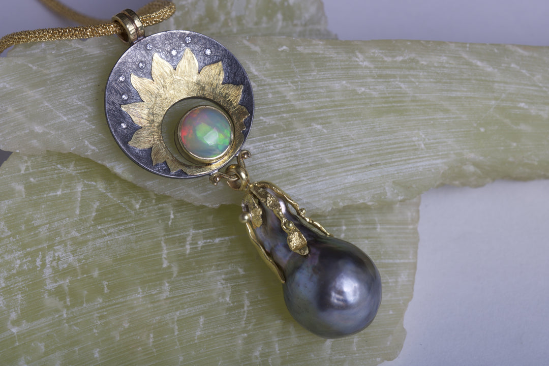Ethiopian Opal and Tahitian Pearl Sun Pendant 04948 - Ormachea Jewelry